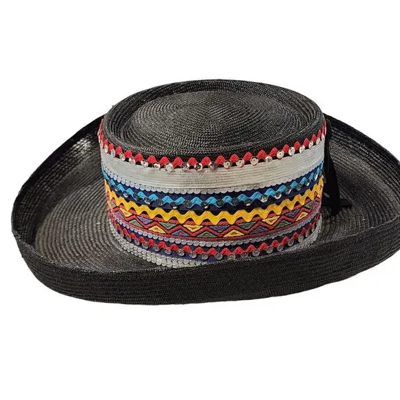 Vintage Southwest Statement Straw Hat Black Western Concho Festival Cowgirl Rare - Picture 7 of 13